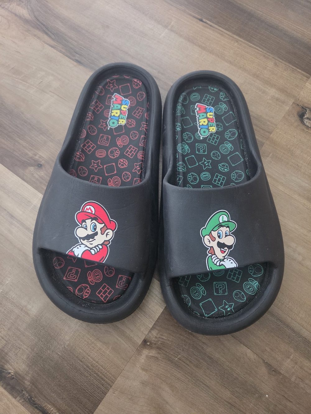 Nintendo Black Slide Sandals with Mario Red and Luigi Green Accents